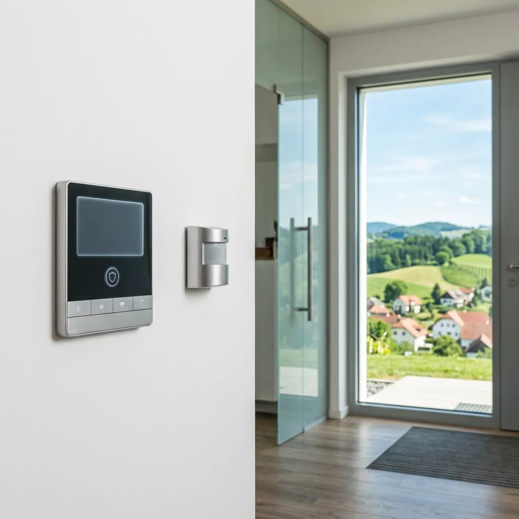 Smarte Tastatur und Bewegungsmelder an weißer Wand vor Glasfront mit Blick auf steirische Hügellandschaft.